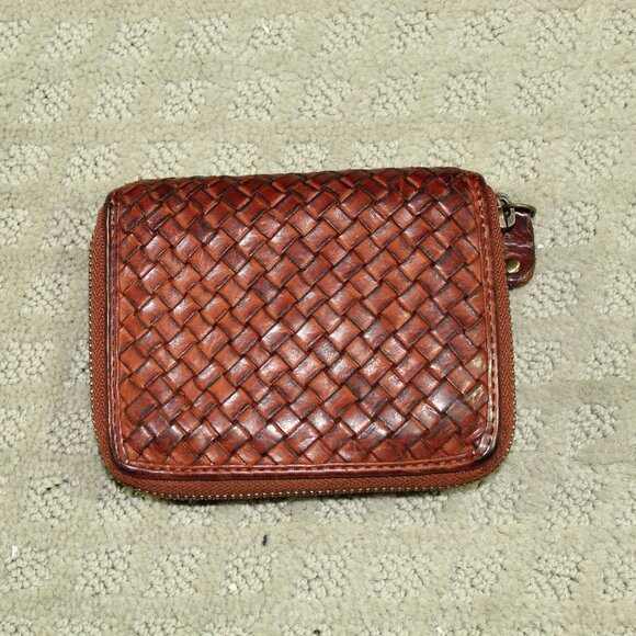 Marta Ponti Cognac Brown Woven Genuine Leather Zip Around Wallet - Picture 1 of 5